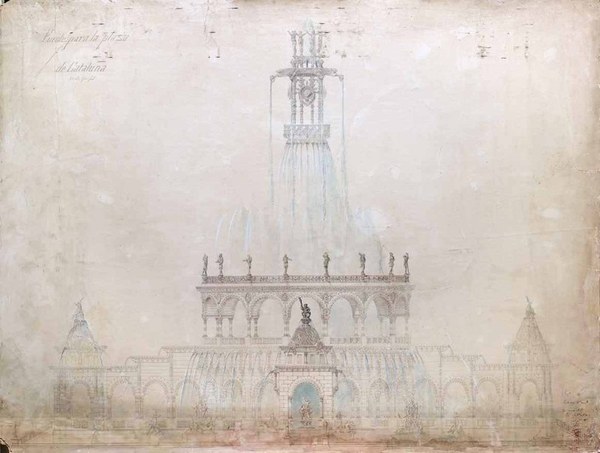 Font per a la plaça de Catalunya, d'Antoni Gaudí, 1877. Imatge conservada a Càtedra Gaudí i Arxiu Gràfic de l'ETSAB de la UPC
