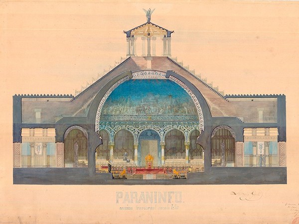 Dibuix d'Antoni Gaudí sobre el paranimf de la Universitat de Barcelona. Imatge: Càtedra Gaudí i Arxiu Gràfic de l'ETSAB de la UPC